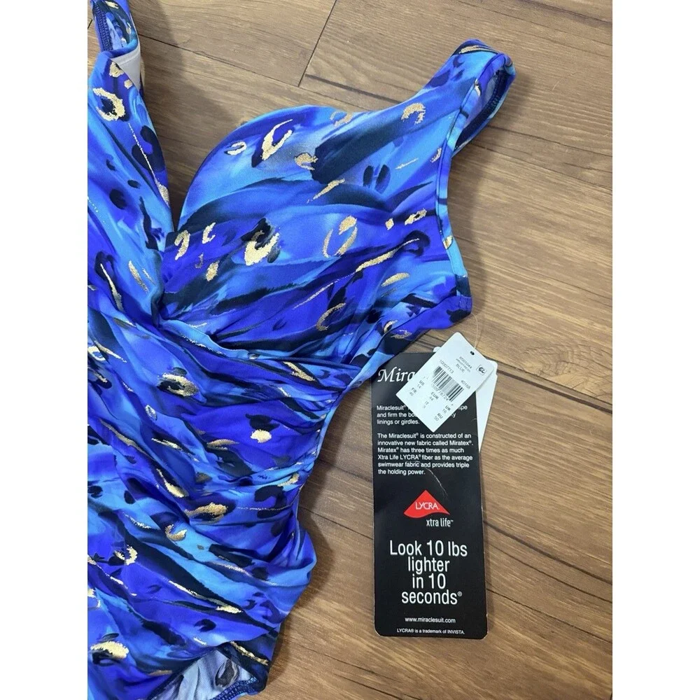Miraclesuit Womens Animal Magnetism Oceanus One Piece Swimsuit Size 14 Blue Gold